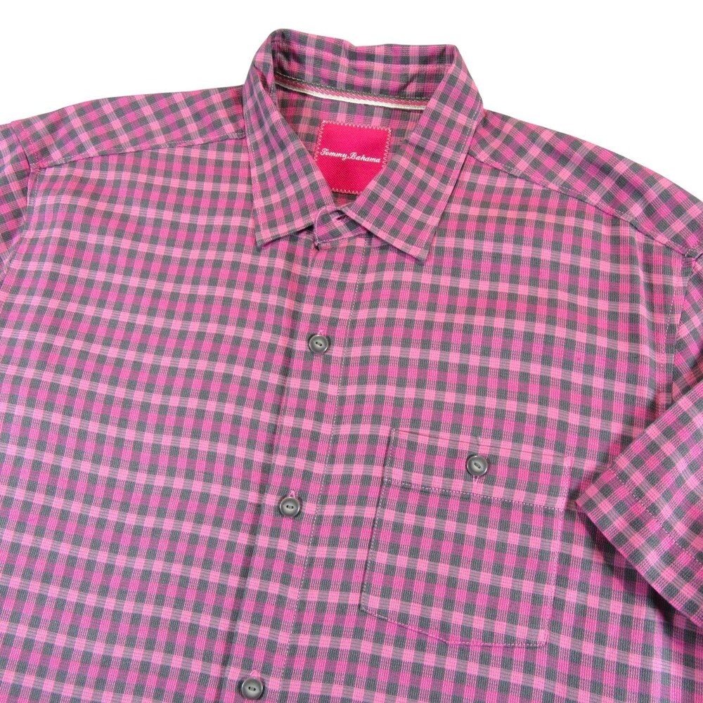 Tommy Bahama Mens Shirt L Pink Check‎ Silk Pocket Short Sleeve Button Up